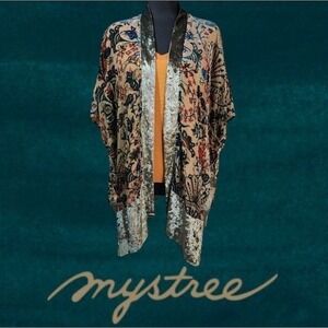Mystree Crushed Velvet Burnout Fairycore Floral Kimono Boho Green Multi O/S